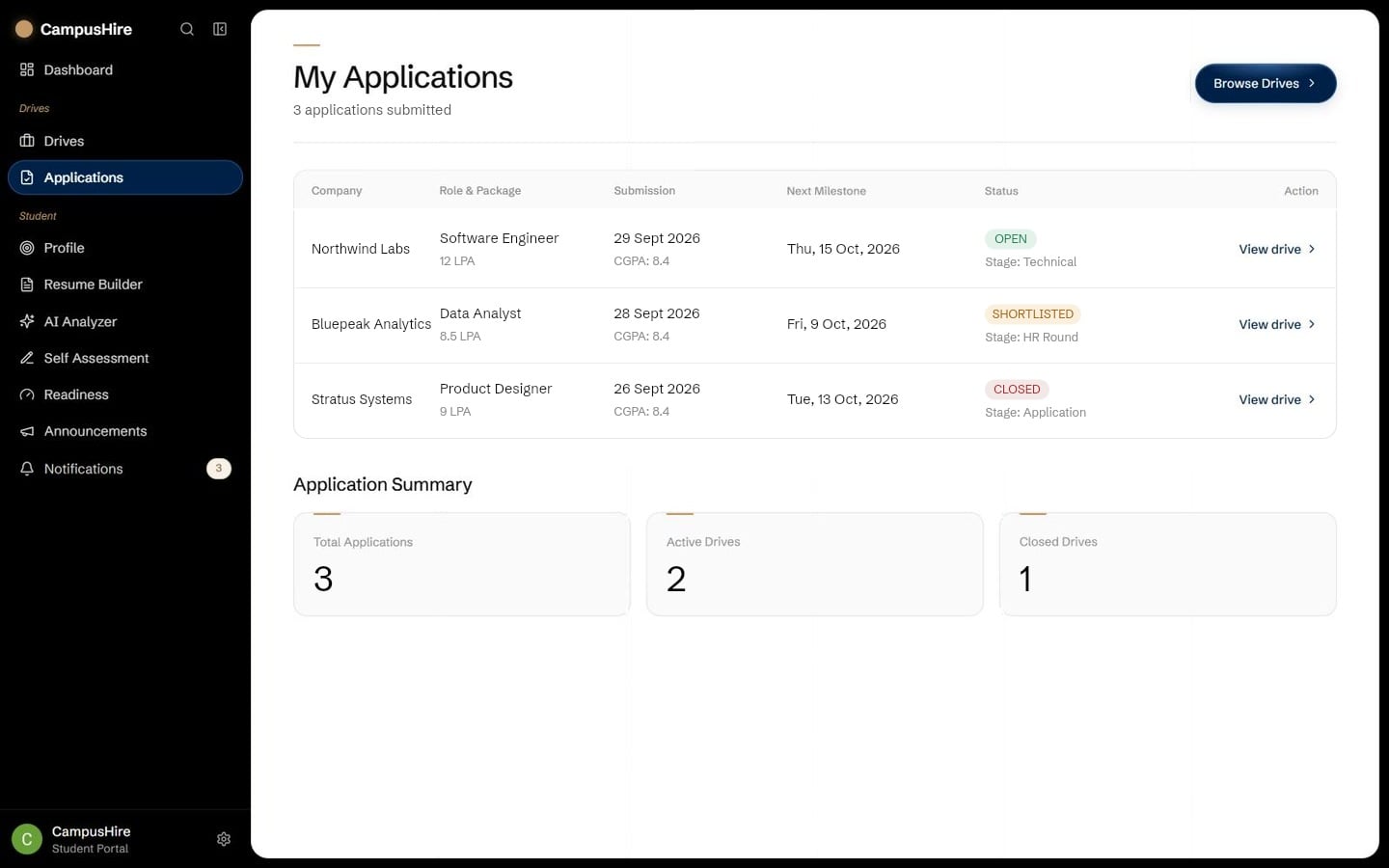 CampusHire applications page showing each application and its current round