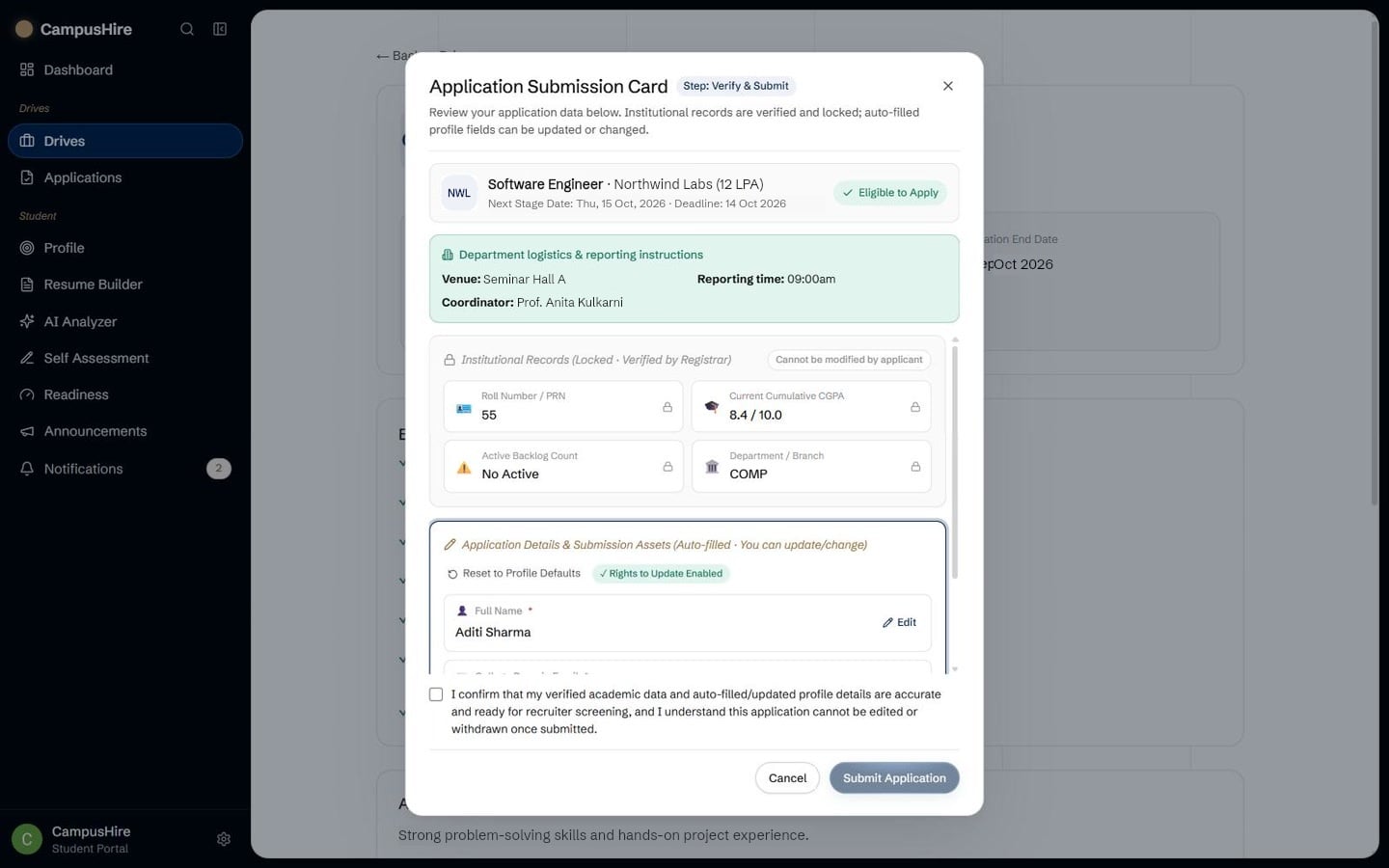 CampusHire application review: verified records locked, other details filled in from the profile