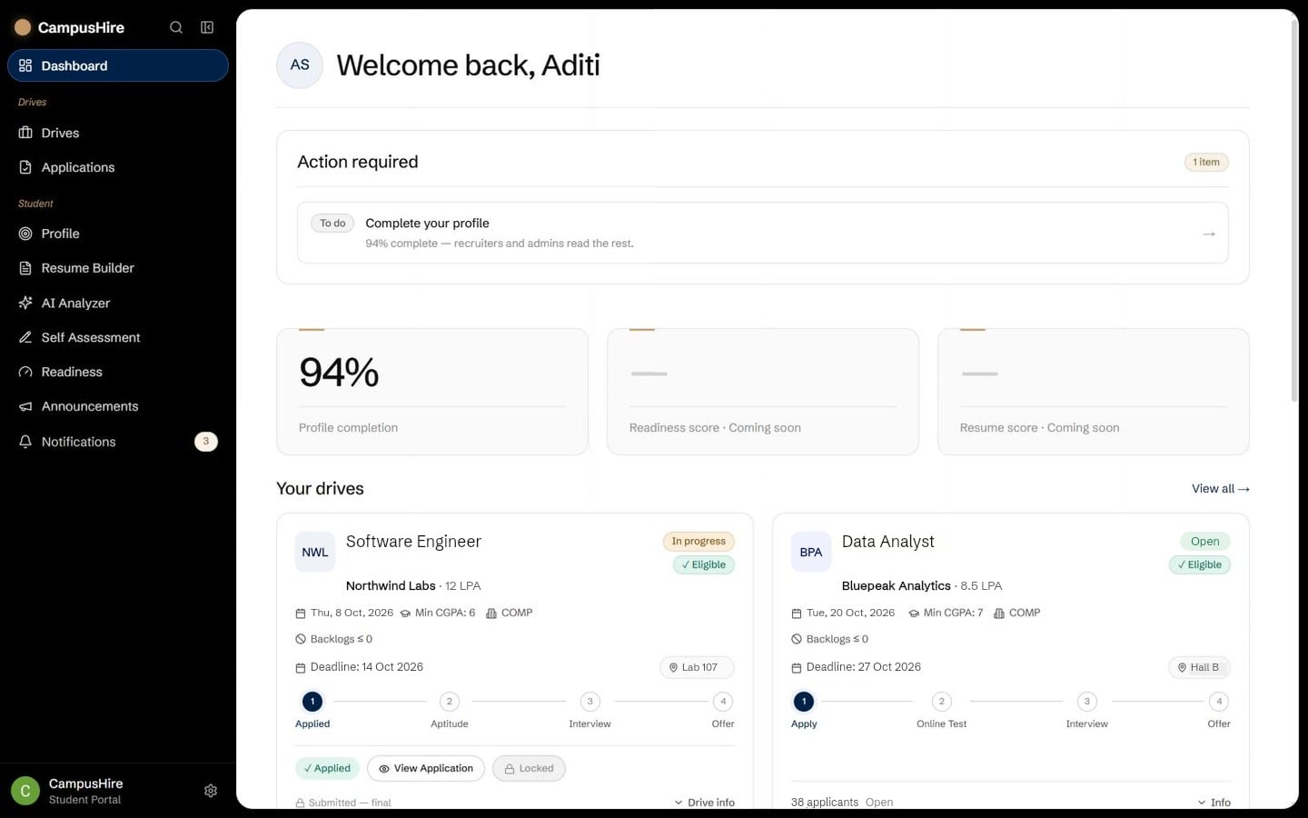 CampusHire student dashboard: profile completion, eligible drives, notifications and deadlines