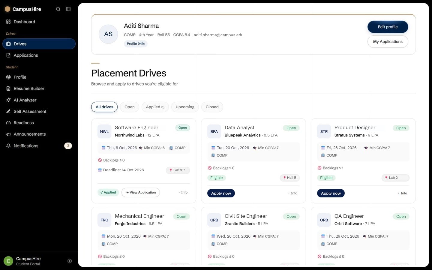 CampusHire drives page listing only the drives the student is eligible for