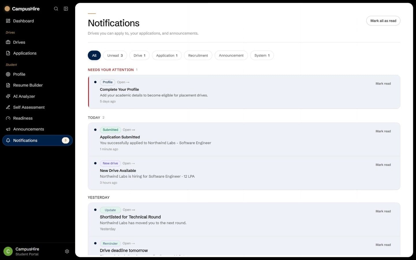 CampusHire notifications: shortlists, round updates and drive deadlines